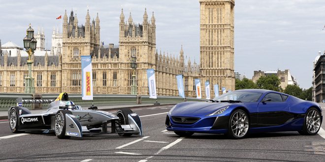 Formula E cars race on Westminster Bridge in London, BMW, Rimac to supply cars