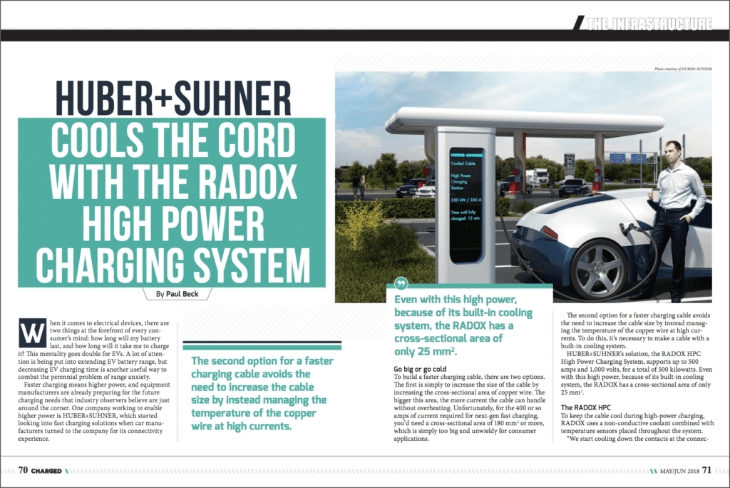 Huber+Suhner cools the cord with the RADOX high power EV charging system