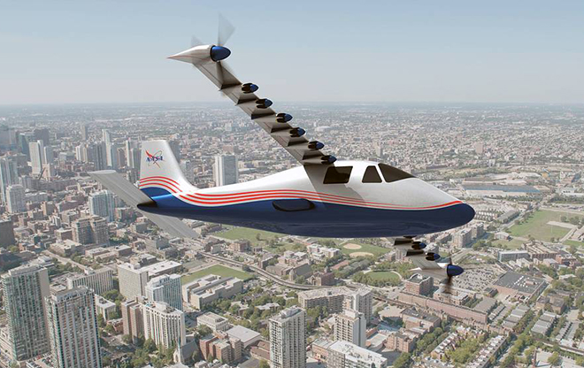 Experimental NASA airplane features 14 propellers driven by 14 electric motors