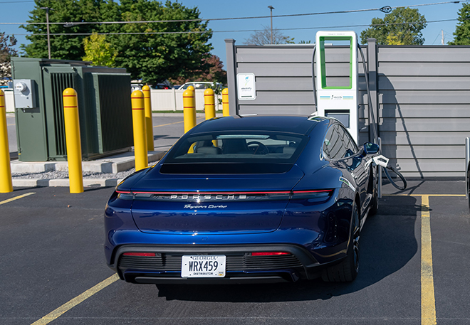 Electrify America station charges Porsche Taycan battery in 23 minutes at 270 kW