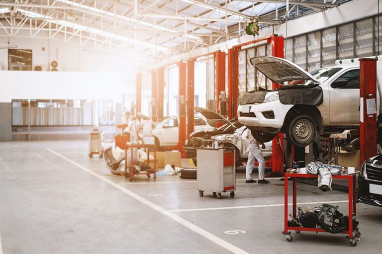 car repair station with soft-focus and over light in the backgro