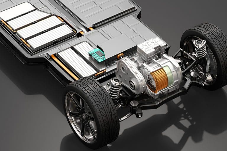 Cutaway view of Electric Vehicle Chassis with battery pack on bl
