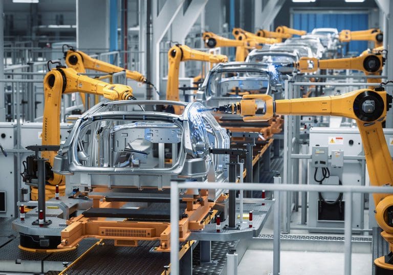 Car Factory 3D Concept: Automated Robot Arm Assembly Line Manufa