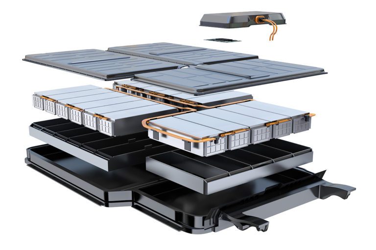 Exploded view of Electric Vehicle’s battery pack isolated on whi