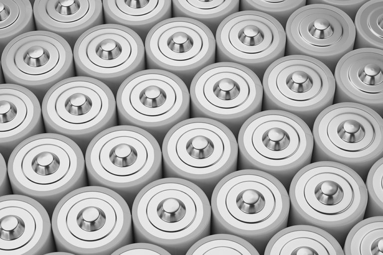 Group of gray alkaline AAA batteries. 3D rendering.