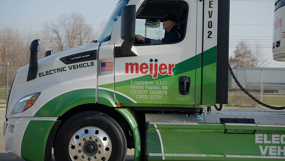 Retailer Meijer demonstrates Freightliner electric Class 8 trucks in frigid Michigan winter