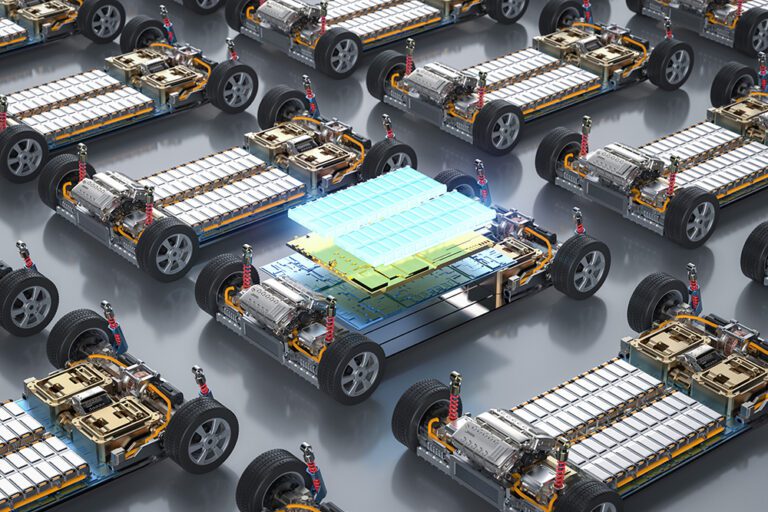 Group of electric cars with pack of battery cells module on plat