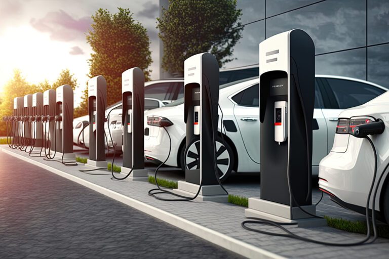 A line of electric cars charging at a public charging station –