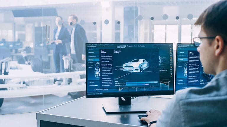 Professional Engineer Works on a Computer with a 3D CAD Software