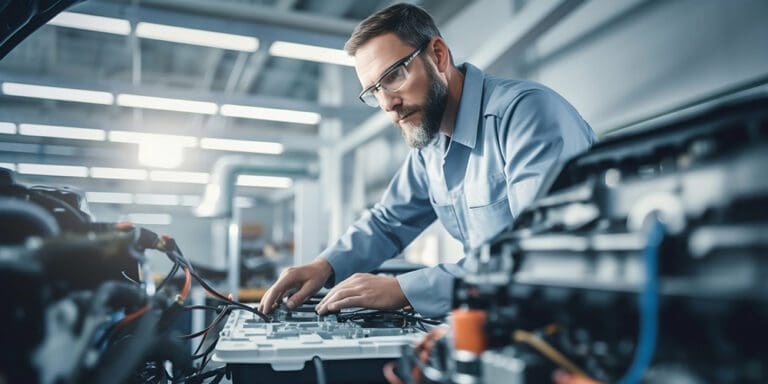 Engineer Working with Car Battery Module in Laboratory. Generative ai