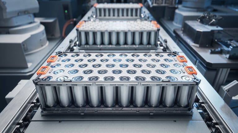 EV Battery Production Factory. Close-up of Lithium-ion High-volt