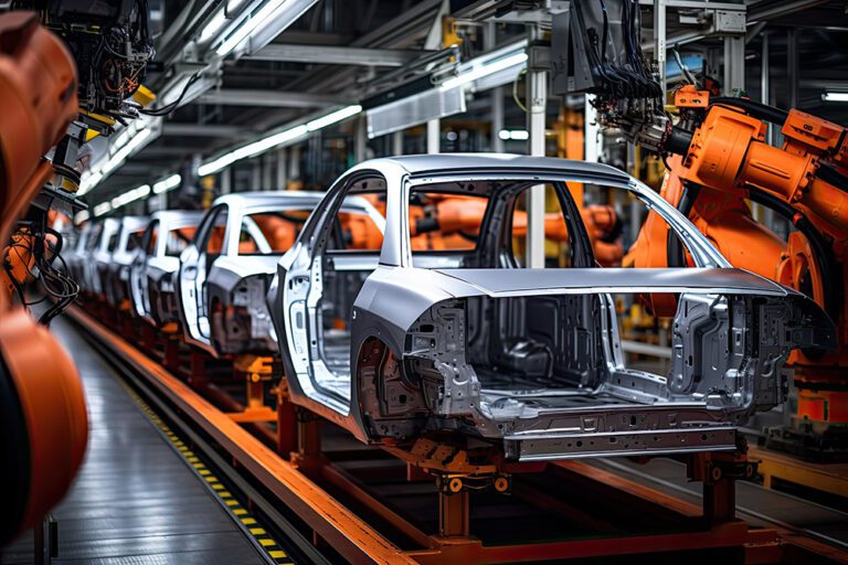 Automobile assembly line production. Mass production assembly line of modern cars in a busy factory.