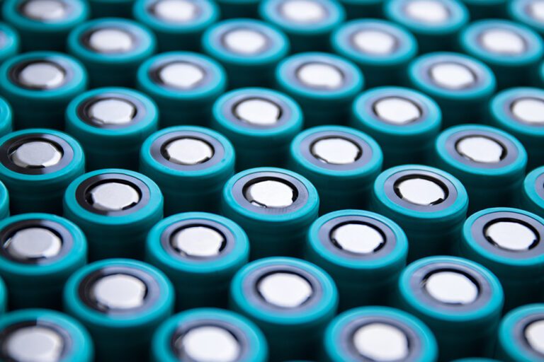 Close-up of 18650 lithium cells arranged in order, perfect for E