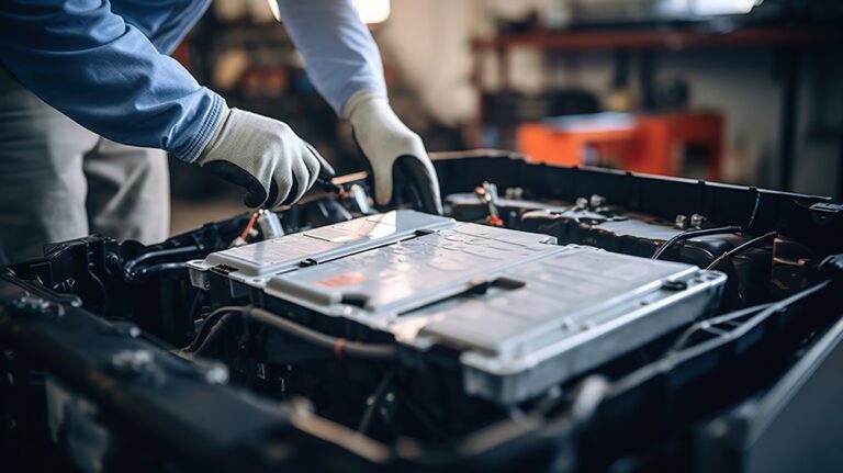 a mechanic replacing the electric car battery pack