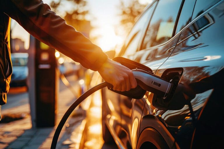 Electric car or EV is charging, Hand inserting EV charging plug to electric vehicle