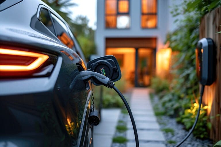 Electric car’s charging port connected to charging station charg