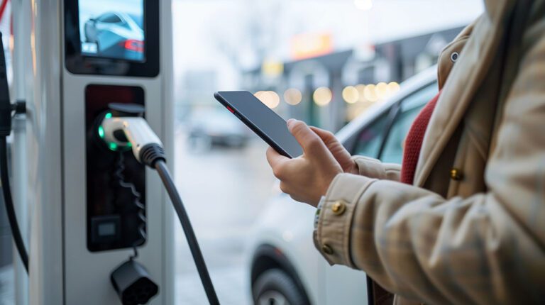 A person holding a cell phone next to a ev charge station, presu