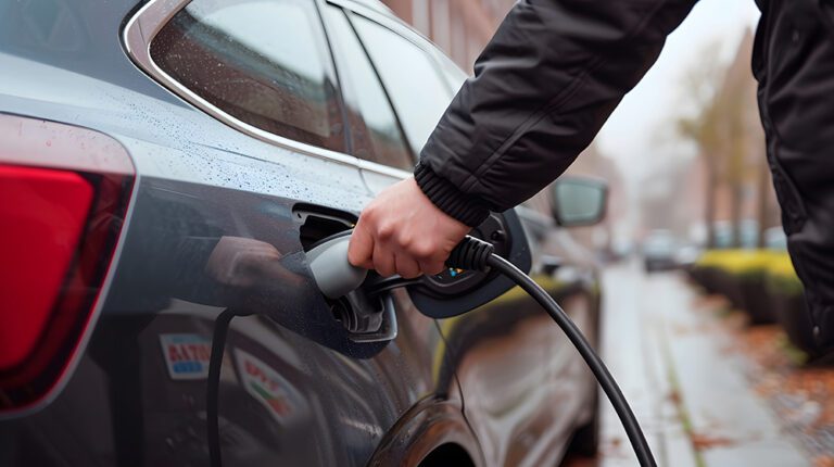 Close-up photo of person using a device to charge his electric c