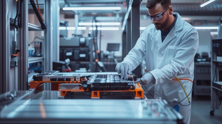 High voltage electric vehicle battery being tested on a diagnostic machine, scientist observing the process for accuracy. High voltage electric vehicle batteries