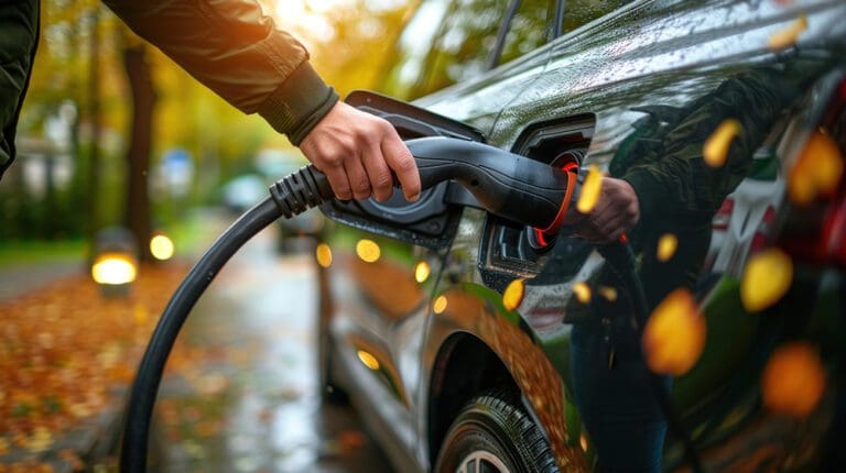 Closeup man recharge electric car’s battery from charging statio