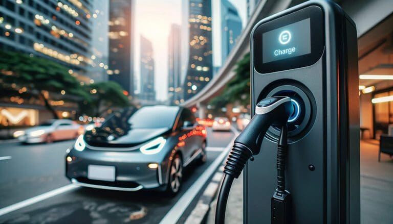 Close-up of a single plug charging a car at a modern electric ve