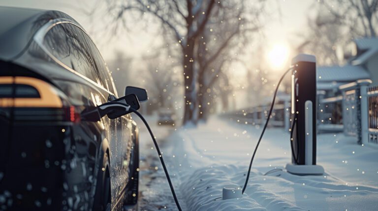 A sleek electric car charging in a snowy landscape at sunrise, capturing innovation, eco-friendliness, and tranquility.