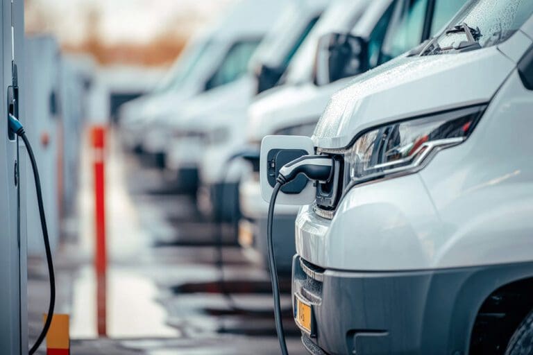 Company electric vehicle fleet charging at logistics center powe