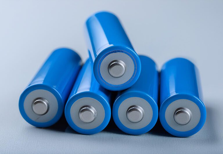 Blue lithium ion batteries on light backdrop. Suitable for electrical devices and appliances.