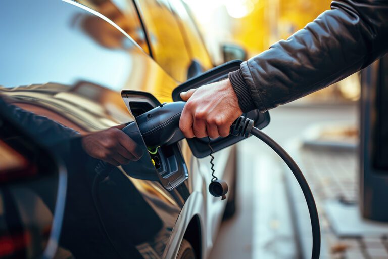 Electric car or EV is charging, Hand inserting EV charging plug to electric vehicle