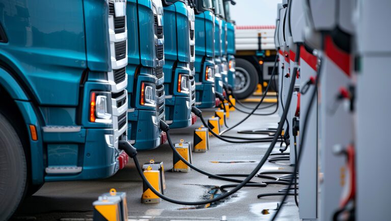 A row of electric powered ev trucks charging at an industrial ou