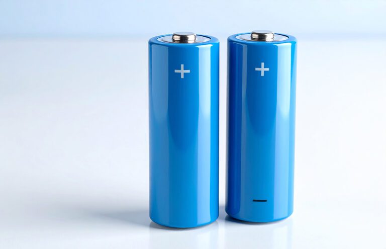 Blue lithium ion batteries on light backdrop. Suitable for electrical devices and appliances.