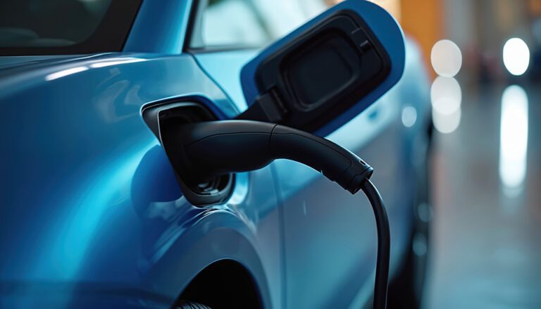 Blue electric car charging at charging station. Charger cable plugged into vehicle port. Focus on modern automotive technology and sustainable energy solutions for transportation.