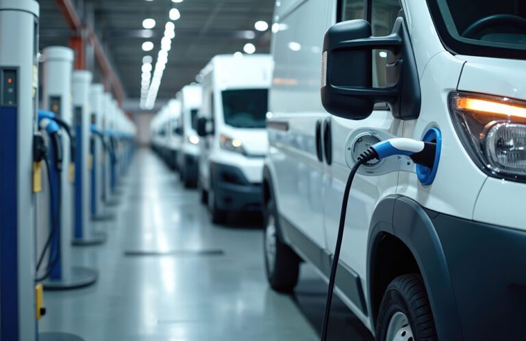 Fleet of electric cargo vans charging at logistics depot. White commercial vehicle plugged into EV power station. Eco friendly transportation for future business. Sustainable e-mobility, green
