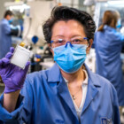 General Motors is already at work on the next evolution of its Ultium battery cells. GM R&D Lab Group Manager Mei Cai, PhD, displays a working prototype of a battery cell with a lithium metal anode, a significant step on the path to remarkable energy density breakthroughs, with even more power and range at lower costs. This cell has already completed more than 500 deep charge/discharge cycles. (Photo by Steve Fecht for General Motors)
