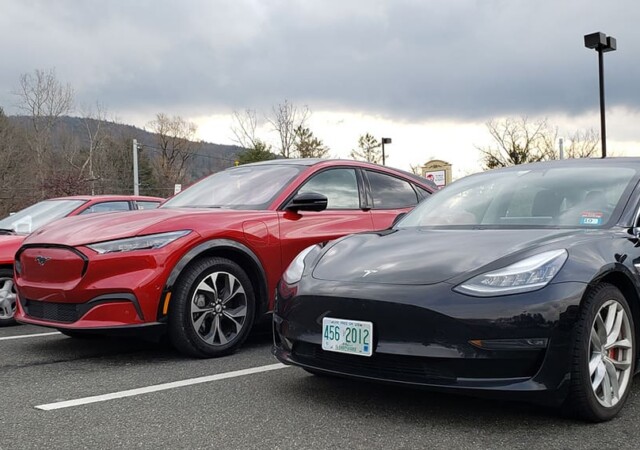 Ford Mustang Mach-E with Tesla Model 3 (and 1991 Isuzu Stylus)