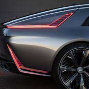 Side profile of CELESTIQ show car rear highlighting the taillights and back wheel.